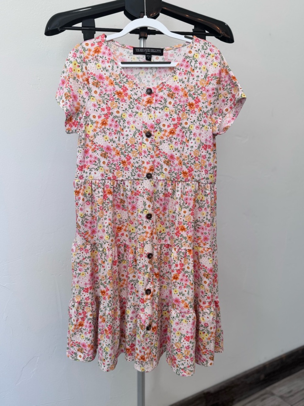 Three Pink Hearts Pink Floral Tiered Girl Dress Faux Buttons Size XL